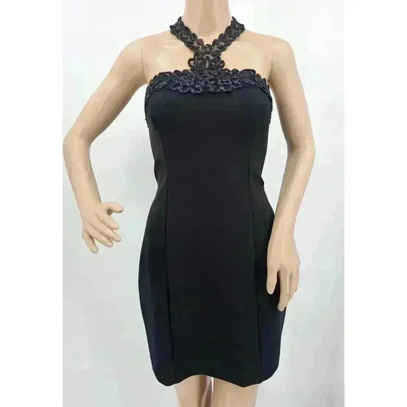 Vtg Roberta Women's 5/6 Black Halter Neck Fitted Formal Mini Dress - Picture 1 of 12